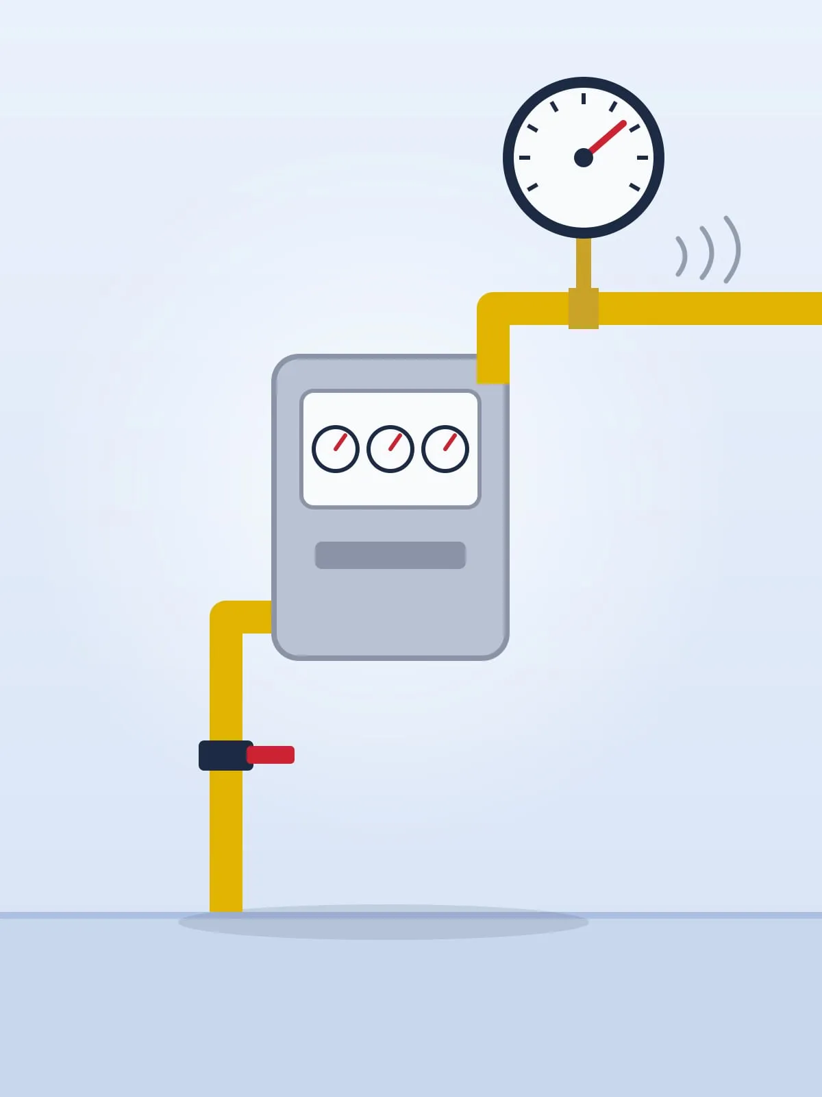 Illustration of a gas meter and supply pipe with a pressure gauge attached for a leak test