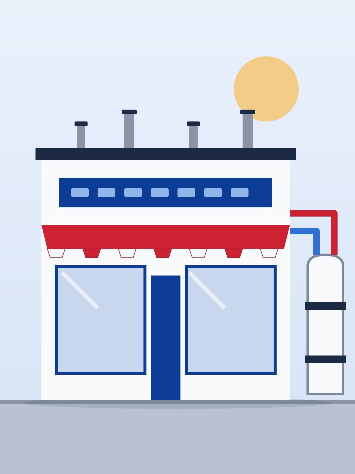 Illustration of a small commercial building with rooftop vents and a water heater beside it