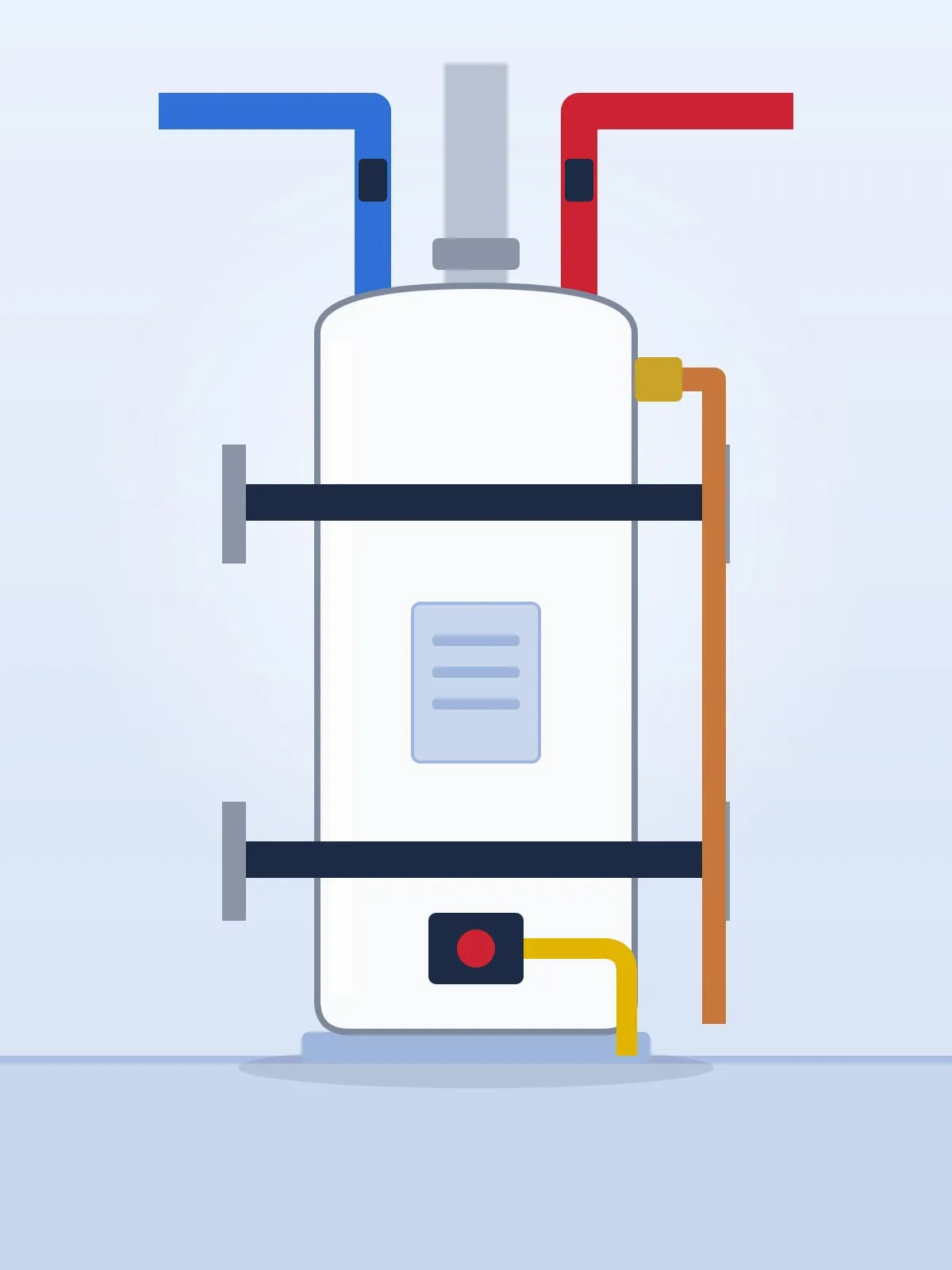 Illustration of a tank water heater with two seismic straps, a relief valve pipe and a gas control