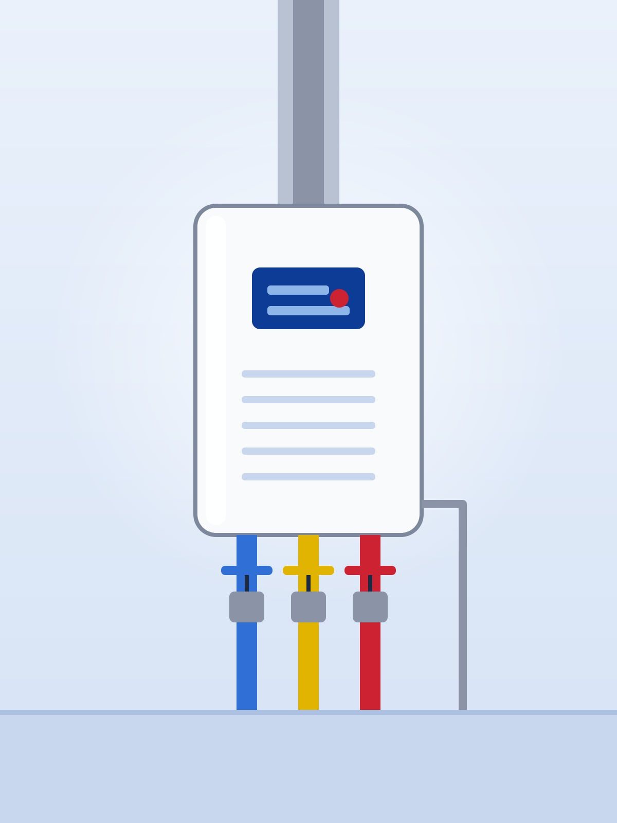 Illustration of a wall-mounted tankless water heater with its vent and hot, cold and gas connections